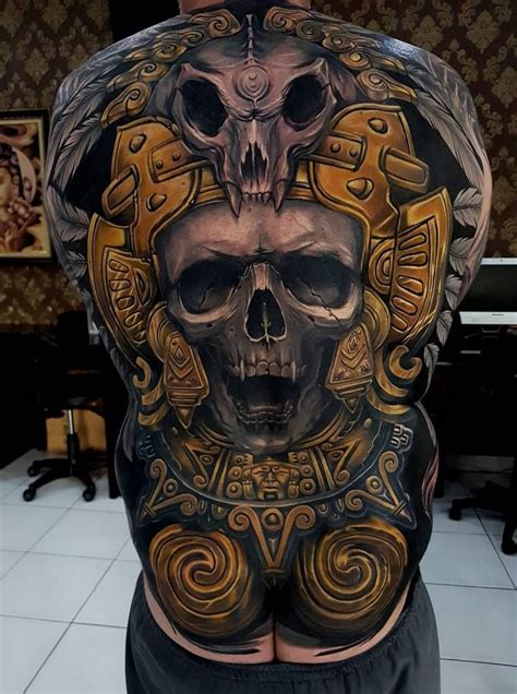 Skull backpiece black and gold tattoo by Ata Ink in Bali | Tatuajes ...