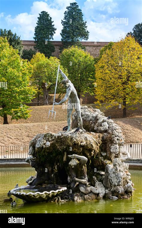 Florence, Italy, statue of Neptune fountain close-up view in Boboli ...