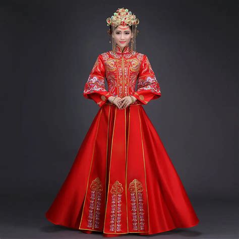 Red Chinese Wedding Dress Female Long Sleeve Cheongsam Gold Embroidery Phoenix Chinese ...