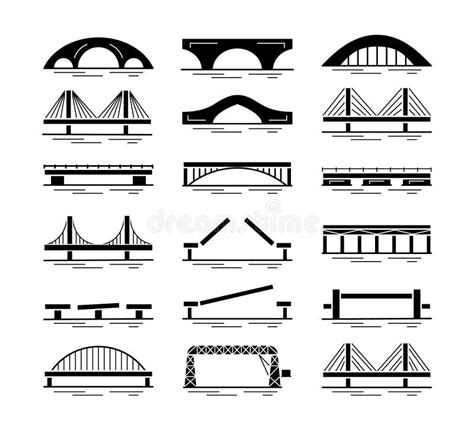 Set of Bridge Black Silhouette Icons Isolated on White Background. Different Types of Bridges ...