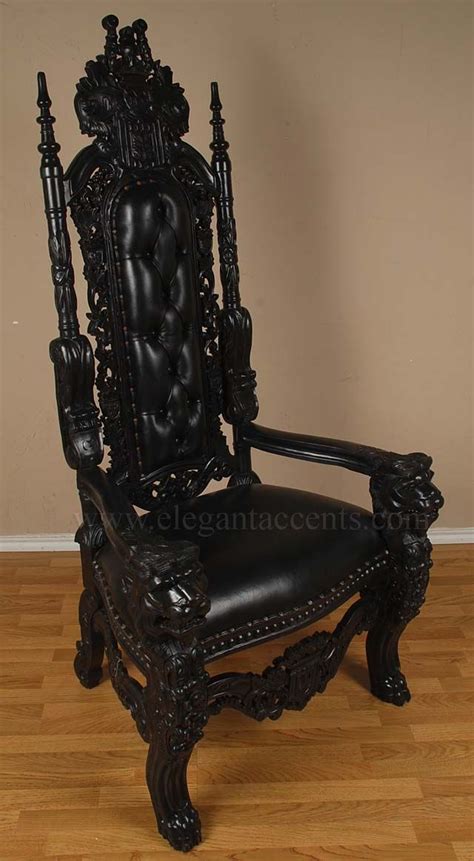 6' Gothic King Lion Throne Chair with distressed black finish and black leather. | Throne chair ...