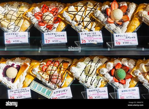 Japan, Honshu, Tokyo, Harajuku, Takeshita Dori, Crepe Shop Window Display of Plastic Crepes ...