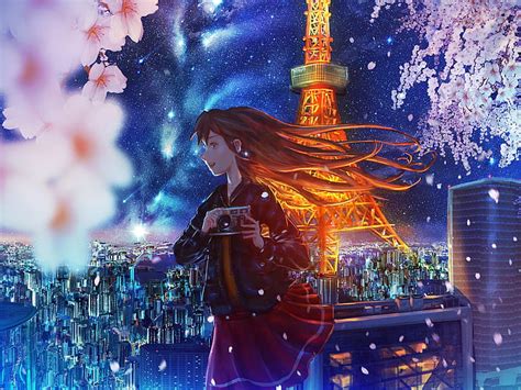 HD wallpaper: Anime, Original, City, Flower, Girl, Starry Sky, Tokyo Tower | Wallpaper Flare