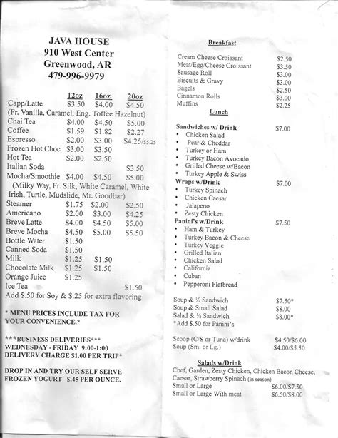 Java House Menu, Menu untuk Java House, Greenwood, Fort Smith - Urbanspoon/Zomato