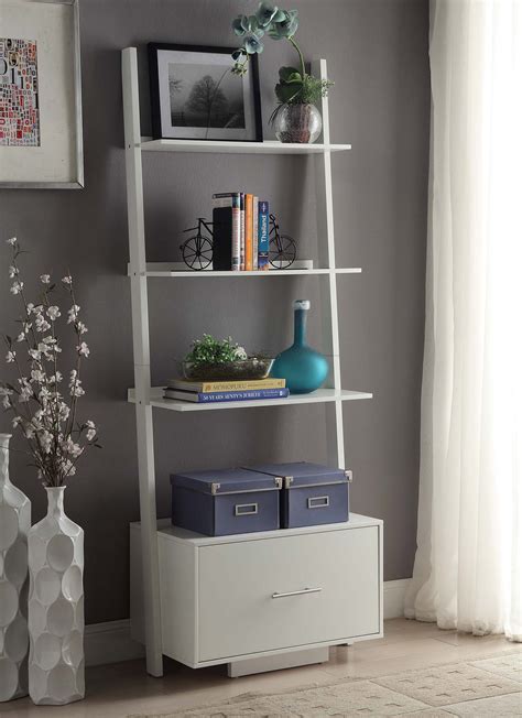 BRIGHTMOOM American Heritage Ladder Bookcase with File Drawer, White