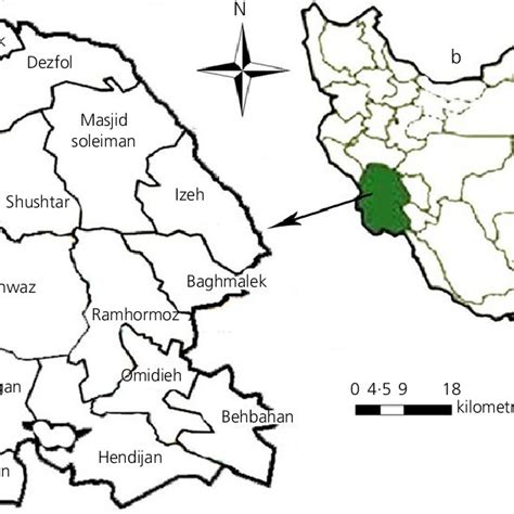 Location map of (a) Khuzestan Province (b) in Iran | Download Scientific Diagram