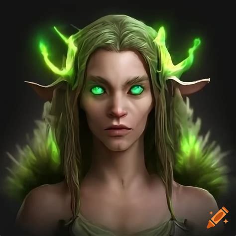 Detailed hyper realistic druid character with green eyes