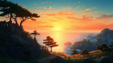 Premium AI Image | A painting of a sunset with trees on the horizon