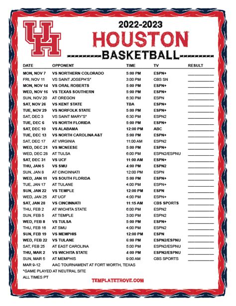 Printable 2022-2023 Houston Cougars Basketball Schedule