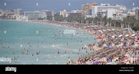 El Arenal Mallorca, Spain - August 11, 2018 - tourists sunbathe in El ...