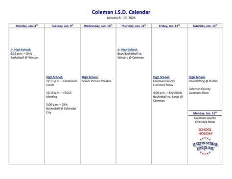 Coleman ISD Calendar for This Week | News | colemantoday.com