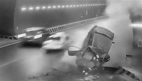 Moment Car Slams Into Wall In Motorway Tunnel Crash