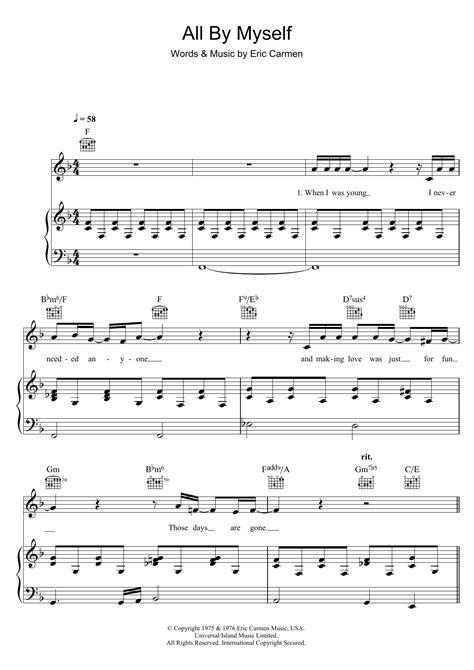 All By Myself by Eric Carmen Sheet Music for Piano, Vocal & Guitar ...