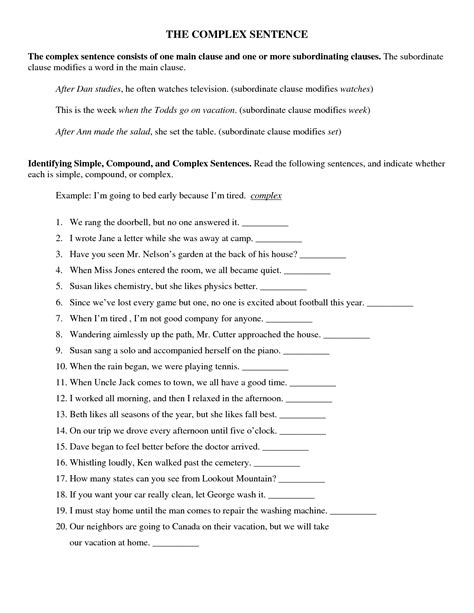 Printable Complex Sentence Worksheets