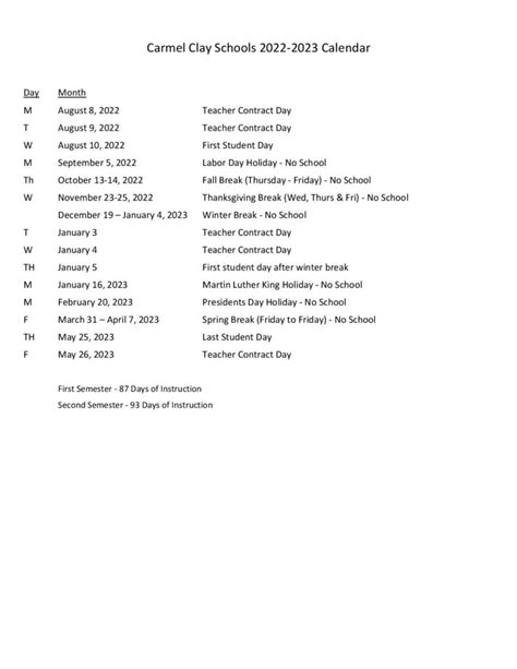 Carmel Clay Schools Calendar 2022-2023 - Holiday Calendar