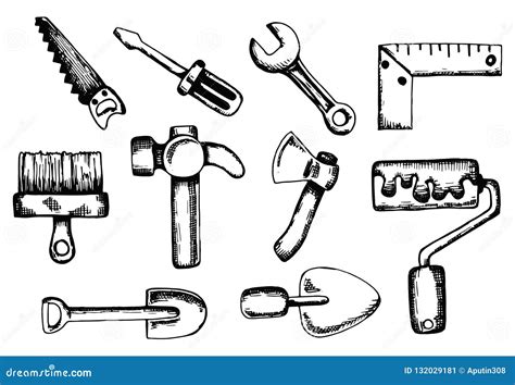 Construction Tools Set Vector Sketch. Isolated Drawing Manual Stock Vector - Illustration of ...