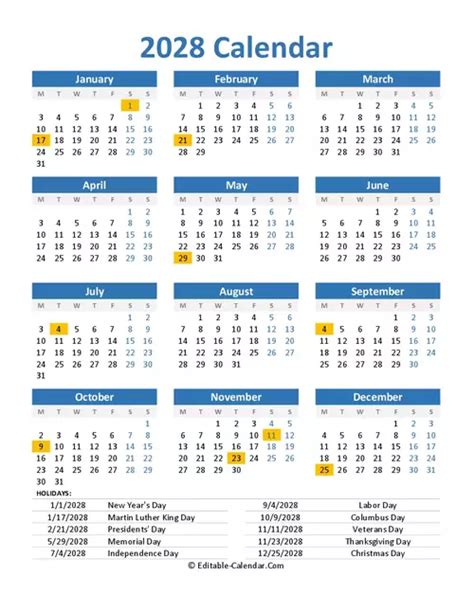 2028 Calendar with US holidays, Editable in Excel, Word, PDF