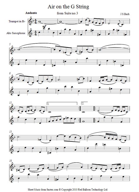 Bach - Air on a G String sheet music for Trumpet-Saxophone Duet ...