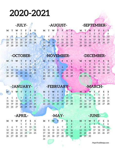 2020-2021 School Year Calendar Free Printable - Paper Trail Design