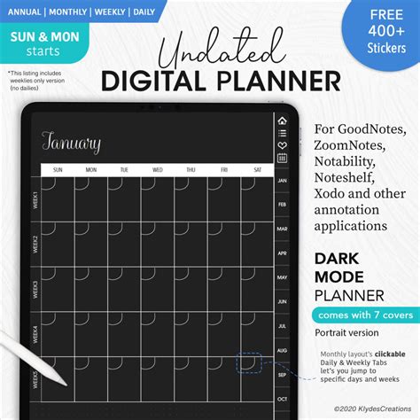 Undated Digital Planner – Dark Mode (Portrait) for GoodNotes ...