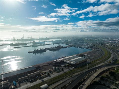 Landside aerial view of Table Bay harbor and container terminals in Cape Town, South Africa ...