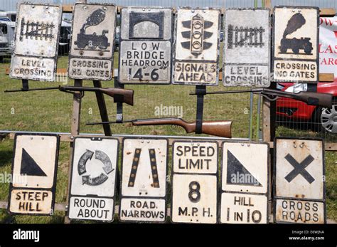 Old road and railway signs at a vintage rally Stock Photo: 73092918 - Alamy