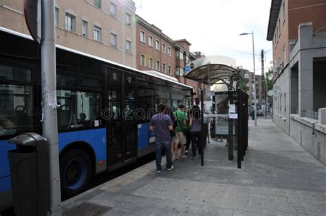 At the bus stop in Madrid. editorial stock photo. Image of july - 111193128