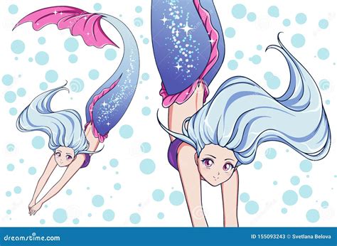 Pretty Anime Swimming Mermaid. White Hair and Shiny Blue Fish Tail ...