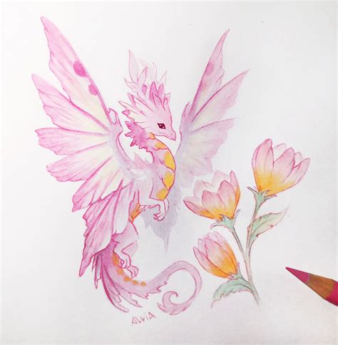 a drawing of a pink dragon and flowers