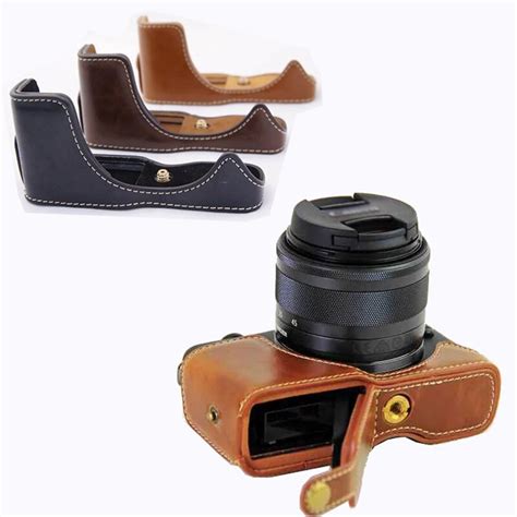 PU Leather Camera Case bag For Canon EOS M10 M100 Half Body Set Cover Battery Opening With wrist ...