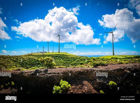 The caldera volcano and windfarm at Serra Branca, Graciosa Island, Azores, drone photo Stock ...