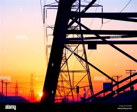 power lines silhouette in sunset Stock Photo - Alamy