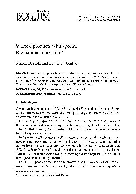 (PDF) Warped Products With Special Riemannian Curvature | Daniele Gouthier - Academia.edu