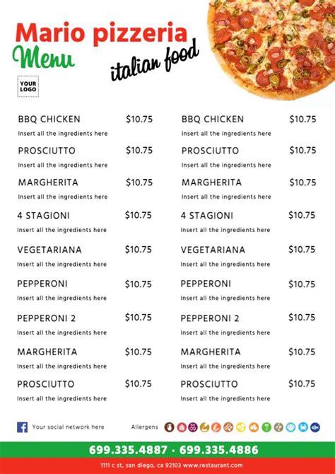 Online customizable pizza menu templates