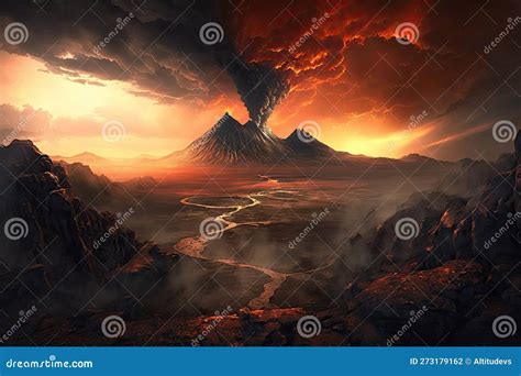 Mordor Land, with View of Fiery Volcano in the Distance Stock Illustration - Illustration of ...