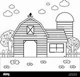 Landscape With Barn Farmhouse fence And Orchard Trees Black  sketch template