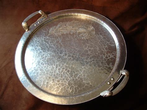 Large Round Aluminum Serving Tray With Handles. Hammered | Etsy