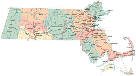 Large administrative map of Massachusetts state with roads, highways ...