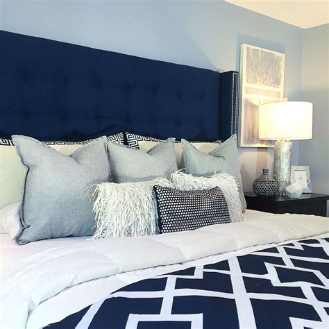 Navy Bedroom Decor with Custom Headboard