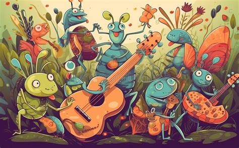 Happy and Joyful Insects Playing Musical Instruments. Stock Illustration - Illustration of ...