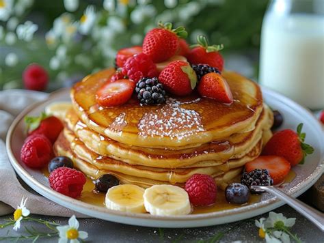 Premium Photo | Stack of Pancakes Topped With Fruit and Syrup