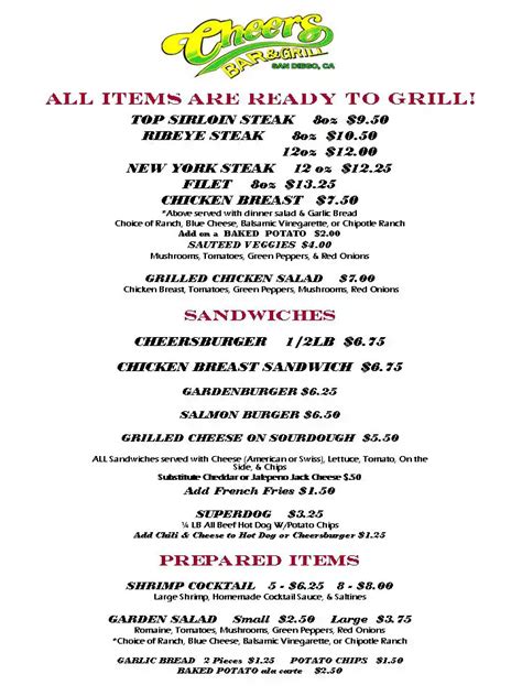 Cheers Bar & Grill Menu, Menu for Cheers Bar & Grill, Rancho Penasquitos, San Diego - Urbanspoon ...