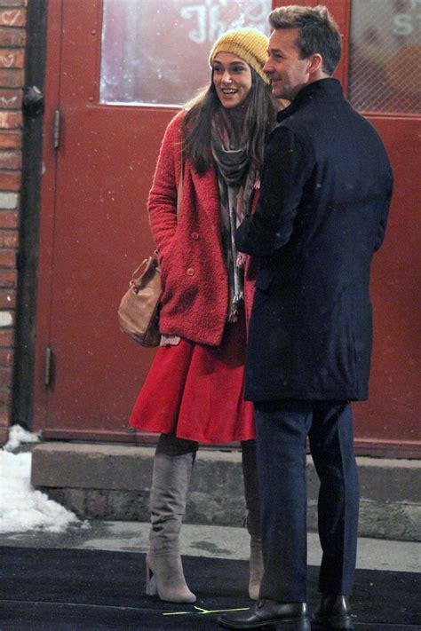 Keira Knightley in Red Coat on Collateral Beauty set -38 | GotCeleb