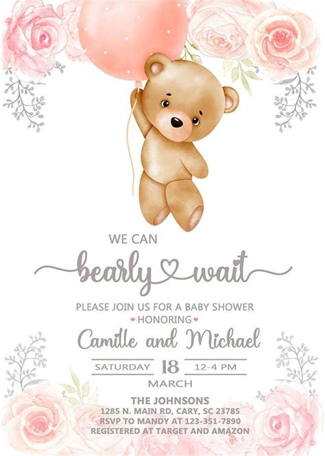 Baby BEAR Girl Baby Shower Invitation, We can BEARLY wait Baby Shower Invite, Teddy Bear Baby ...