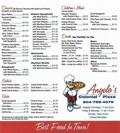 Menu of Colonial Pizza Restaurant in Urbanna, VA 23175