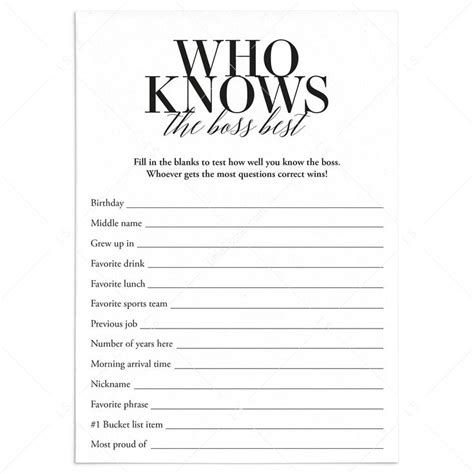 Who Knows The Boss Best Game Printable | Funny Office Party Game