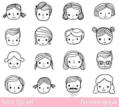 Hand Drawn Faces Clip Art, Doodle Outline Face Clipart, Black and White ...