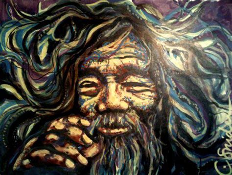 a painting of a man with long hair and beard holding his hand to his mouth