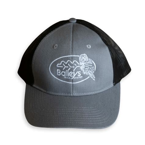 Logo and Owl Design Snapback Trucker Cap - Black/Heather Grey - Baileys Trail System Baileys ...