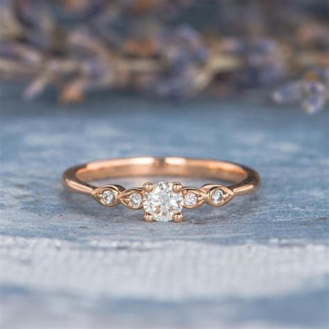 Diamond Engagement Ring Rose Gold Pave Retro Antique Thin Minimalist ...